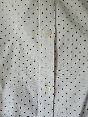 Eddie Bauer White Button-Up Shirt with Black Micro Dots, Tall Medium.